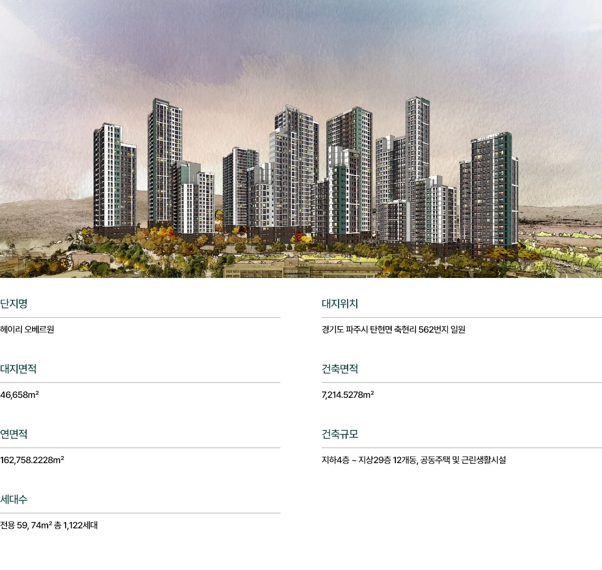 헤이리 오베르원 사업개요 - 파주시 탄현면 축현리 562번지, 전용 59·74㎡ 총 1,122세대, 지하4층~지상29층 12개동