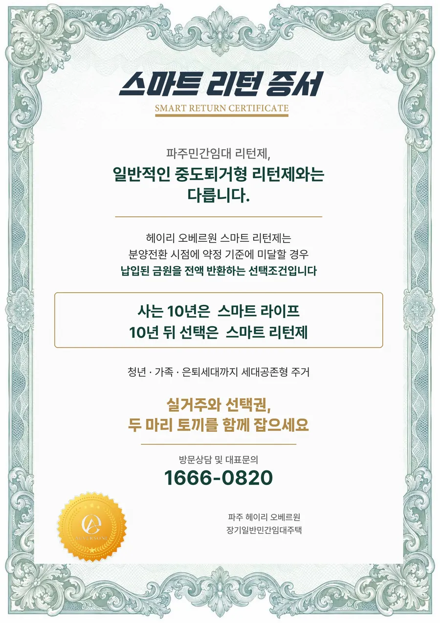 파주 헤이리 오베르원 스마트 리턴 증서 안내 — 분양전환 시점 약정 기준 미달 시 선택조건